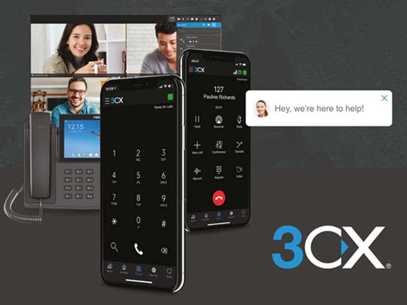 3CX desk phone, mobile app and video meeting interfaces.